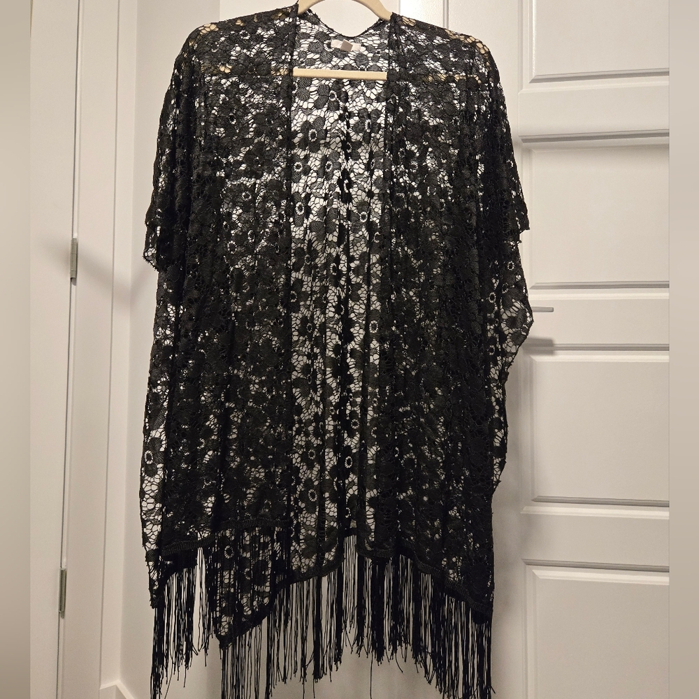 Ardene Black Lace Poncho with Fringe